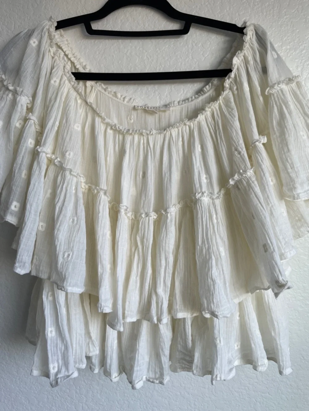 LOVESTITCH Boho Cream Off-Shoulder Ruffle Peasant Blouse • Medium - Picture 12 of 13